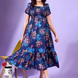 FIXOCRA Women Floral Printed Square Neck Puff Sleeves Fit And Flare Dress-picture-11