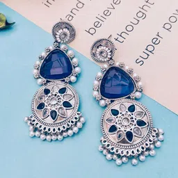 Anouk Silver-Plated Stones Studded & Pearls Beaded Circular Shaped Oxidised Drop Earrings image 5
