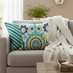 IZAAFA Green & White Set of 2 Embroidered Square Cushion Covers-picture-16