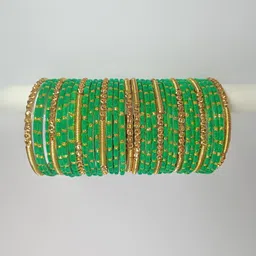 Qufrozy Set Of 34 Green Glass Artificial Stones & Beads Bangle image 1