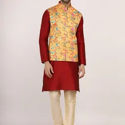 Sadree Mandarin Collar Long Sleeves Straight Kurta with Churidar & Nehru jacket image 1