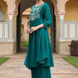 Janasya Teal Green Women Georgette Floral Embroidered A-line Kurta & Palazzos With Dupatta image 4
