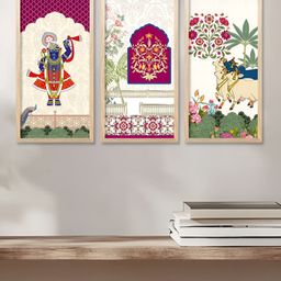 WALLLANE White & Maroon 3 Pieces Traditional Printed Wooden Wall Art-picture-38