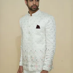 House of Pataudi Self-Design Mandarin Collar Pure Cotton Tailored-Fit Jodhpuri Blazer-picture-25
