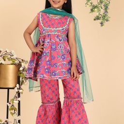 Cutiekins Girls Floral Printed Empire Gotta Patti Kurti with Sharara & With Dupatta-picture-29