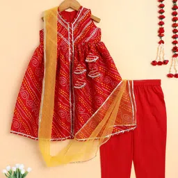 The Magic Wand Girls Bandhani Printed Cotton Anarkali Kurta with Trousers & Dupatta-picture-57