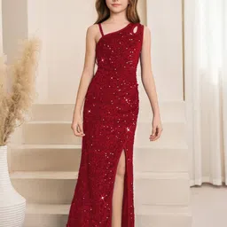 FOLENNE Embellished One Shoulder PU Coated Velvet Maxi Dress image 5
