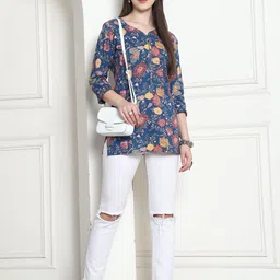 Rajnandini Floral Jaipuri Printed V-Neck Pure Cotton Kurti image 4