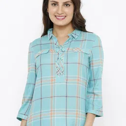 Kraus Jeans Women Checked Shirt Style Lace-Up Top-image-22