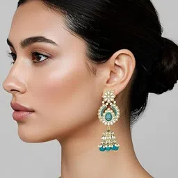 I Jewels Gold Plated Traditional Kundan & Pearl Studded Geometric Jhumkas-picture-10