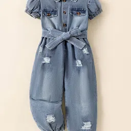 Hopscotch Girls Blue Shirt Collar Distress Denim Jumpsuit-image-61