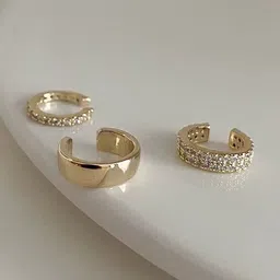 Tiso Set Of 3 Gold Plated American Diamond Studded Semi Circular Ear Cuff Earrings-picture-13