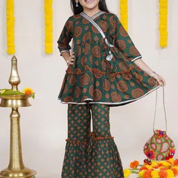 KiddoPanti Girls Ethnic Motifs Printed Pure Cotton A Line Kurta with Sharara-picture-23