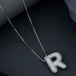 SKY SHOPPERS Unisex Silver-Plated Cubic Zirconia Studded Alphabet R Pendant With Chain-picture-14
