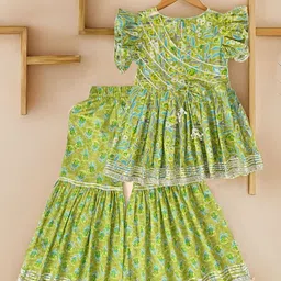 THE WEAVERS SHOP BY RAAVI Girls Floral Printed Regular Gotta Patti Pure Cotton Kurti with Sharara-picture-46