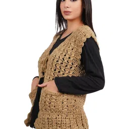 Cute Collection Women Brown Hand Made Sleeveless Woollen Cardigan with Pockets image 2