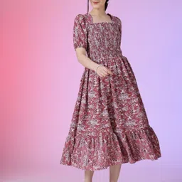 Krunal Raiyani Women Floral Printed Smocked Square Neck Fit & Flare Puff Sleeves Dress-image-38
