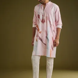 KALKI Fashion Men Pink Printed Regular Linen Kurta with Trousers image 5