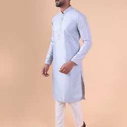 AURIK Men Geometric Embroidered Mandarin Collar Pure Silk Kurta with Pyjamas image 4