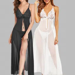 samvar Women Black,White Net Lace Baby Doll Hot Nighties Honeymoon Dress Newly Married Couples-picture-18