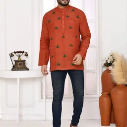 SPRISH Floral Printed Band Collar Linen Short Kurta-picture-31
