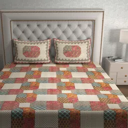Aura Peach-Coloured & Beige Graphic Pure Cotton 120 TC Queen Bedsheet Set2.35 x 2.15 Mts image 4