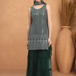PARROT CREATION Geometric Embroidered Georgette Straight Kurta With Sharara & Dupatta-picture-32
