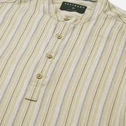 VASTRADO Men Vertical Striped Band Collar Linen Kurta image 2
