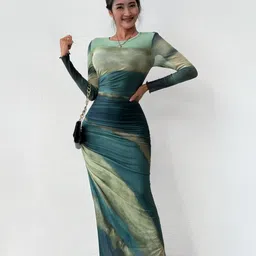 StyleCast Women Tie and Dye Round Neck Ruched Bodycon Maxi Dress-image-6