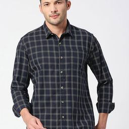 SNX Men Tailored Fit Checked Spread Collar Cotton Casual Shirt-picture-19