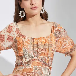Latin Quarters Printed Scoop Neck Puff Sleeves A-Line Dress image 2