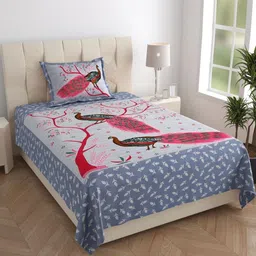 MANDAKINI Blue & Pink Ethnic Motifs Cotton 144 TC Single Bedsheet Set-1.82 m x 1.21 m-picture-17