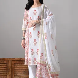 MEESAN Women Floral Printed Regular Sequinned Pure Cotton Kurta & Trousers With Dupatta-picture-11