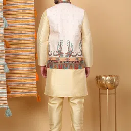 KRAFT INDIA LUXE Mandarin Collar Straight Kurta with Churidar & Printed Nehru Jacket image 4