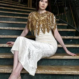 ODETTE Women Golden Embellished Cape Party Button Shrug image 3