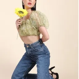 Rujave Floral Printed Square Neck Puffed Sleeves Crepe Blouson Crop Top image 4