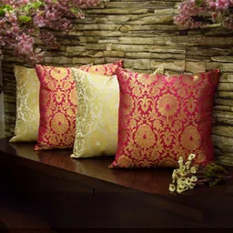 RoyalDeco White & Pink 4 Pieces Embroidered Brocade Silk Square Cushion Covers-picture-25