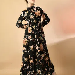 Femvy Women Floral Print Puff Sleeve Fit & Flare Maxi Dress-image-7