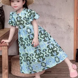 LULU & SKY Girls Floral Printed Round Neck Puff Sleeve Fit and Flare Midi Dress-picture-54