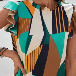 Stylecast X Slyck Women Geometric Print Flutter Sleeve Ruffles Blouson Top image 4