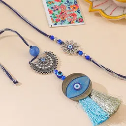 Sangria Set Of 2 Evil Eye Bhaiya Bhabhi Thread Rakhi with Roli Chawal Chandan & Mishri-picture-21