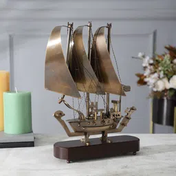 EXIM DECOR Gold Toned Brass & Wood Antique Sailing Nautical Ship Showpiece-picture-15