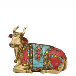The Advitya Nandi Bull Mosaic Stone Brass Idol-image-0