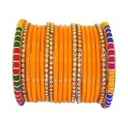 AMSHA Set Of 10 Orange Glass Artificial Stones & Beads Bangle image 2