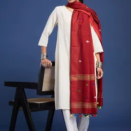 Taavi Woven Pure Cotton Jamdani Dupatta With Pom Pom Edgings-picture-23