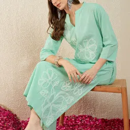 Indo Era Embroidered Mandarin Collar Three-Quarter Sleeves Pure Cotton Tunic And Trousers-image-71