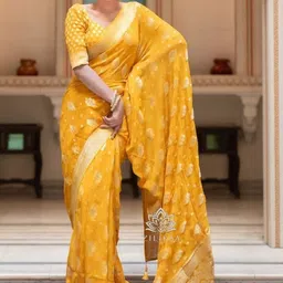 VASTRAAVEDAA Ethnic Motifs Zari Art Silk Handloom Banarasi Saree-image-9