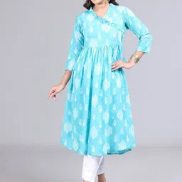 OZURY Naira Floral Printed V-Neck Angrakha Anarkali Pure Cotton Kurta With Trousers-picture-14