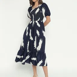 Raiyani Fashion Women Abstract Printed Puff Sleeve Fit & Flare Midi Dress-image-26
