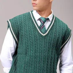 the indian garage co. Men Self Design V Neck Green Sweater-picture-19